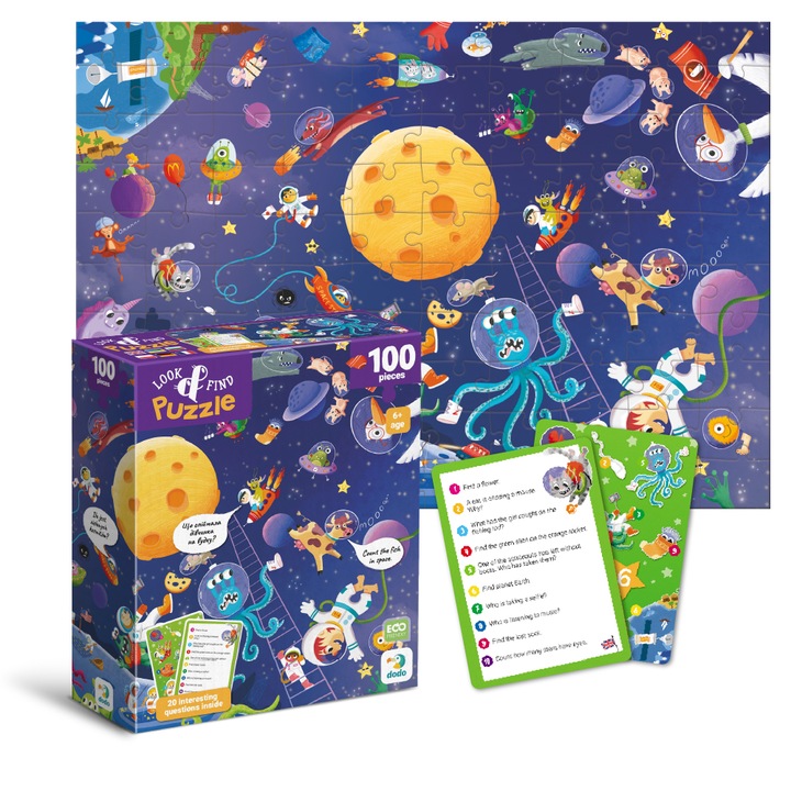 Puzzle Dodo Look & Find, 100 elemente, tematica spatiala, 6 ani, carton ecologic