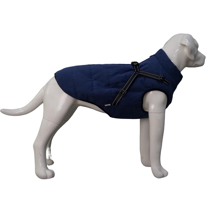 Jacheta impermeabila pentru caini Lovelonglong, interior din fleece, marime XS, moale, cu ham integrat, reflectorizant, culoare bleumarin