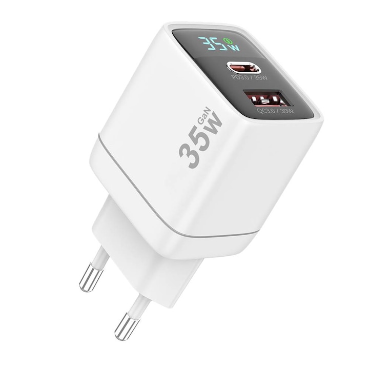 Töltő aljzat, Fast Charge 35W GaN PowerSmart technológia, LED kijelző intelligens kijelzéssel, 1 x USB 3.0 + 1 x USB-C, PD 3.0 & QC 3.0, iPhone, Samsung, Xiaomi, Motorola, Honor kompatibilis - fehér