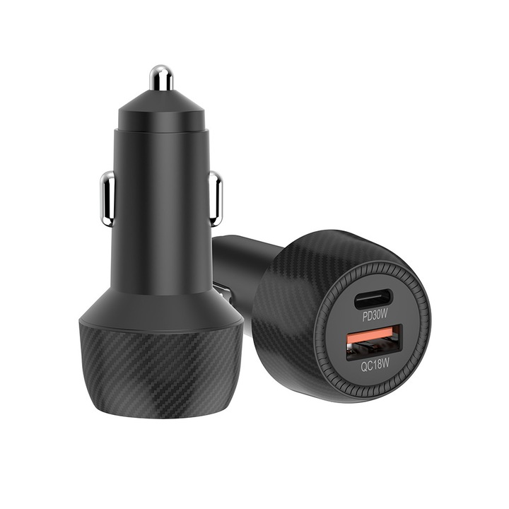 Autós töltő 48W Dual Fast Charging, SpeedVolt – Gyors töltés 2 eszköz egyidejűleg, 1 x USB-C + 1 x USB 3.0, Power Delivery & Quick Charge 3.0, kompatibilis iPhone, Samsung Galaxy, Huawei, Xiaomi, Honor - fekete