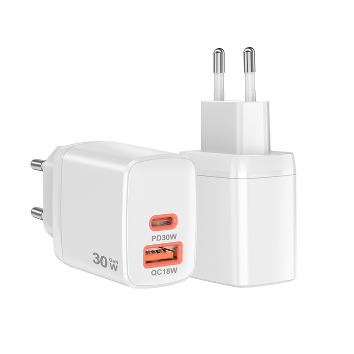 VoltGo 30W fali töltő – Univerzális gyorstöltés, Kétportos 1 x USB 3.0 + 1 x USB-C, Fast Charge PD 3.0 & QC, GaN technológia - fehér