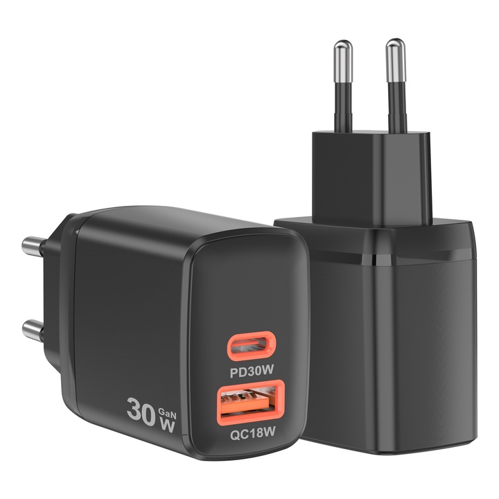 VoltGo 30W fali töltő – Univerzális gyors töltés, Dual Port 1 x USB 3.0 + 1 x USB-C, Fast Charge PD 3.0 & QC, GaN technológia - fekete