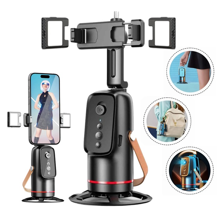 Suport smart cu urmarire automata AI 360°, Q03, Empionics, lumini incluse, control prin gesturi, baterie reincarcabila 1800 mAh, compatibil smartphone, tableta si camera, ideal pentru vlogging sau creatori de continut TikTok, Youtube, Instagram, negru