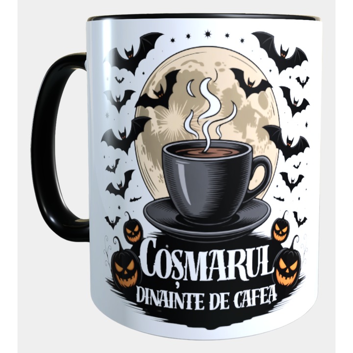 Cana ceramica personalizata „Cosmarul dinainte de cafea” – 330 ml, interior si toarta neagra
