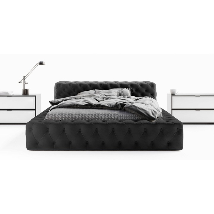 Pat din catifea/lemn, 140x200 cm, Negru
