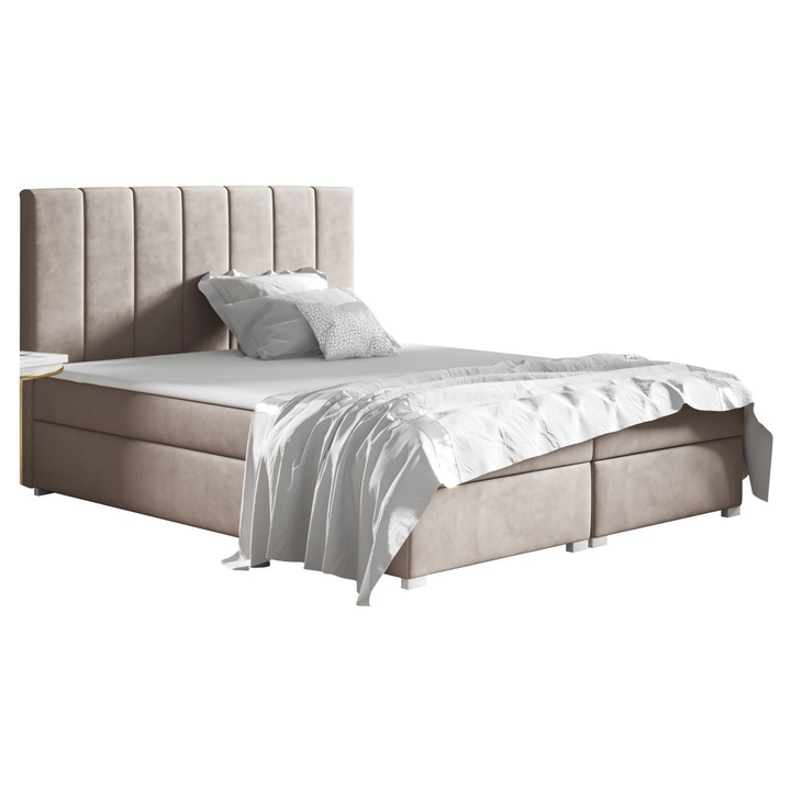 Pat boxspring bej FURPOL Anna, 140x200 cm, tesatură Jasmine, lemn inclus