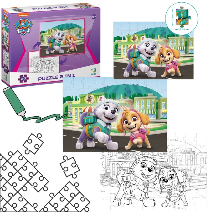 Puzzle 2w1 DODO Psi Patrol 60 elemente, colorare, 18x24x4cm