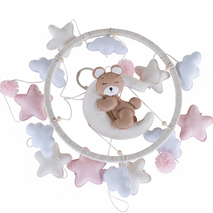 Zenélő kiságyforgó, álmos mackó, kézzel készült filcből, babajáték, rózsaszín/fehér