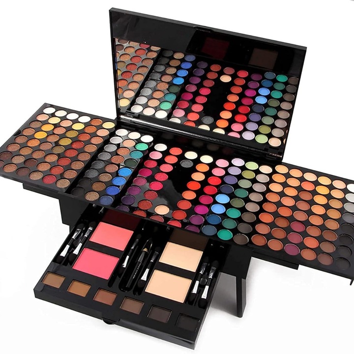 Trusa machiaj profesionala SoSar® cu 180 de culori, farduri pudra compacta intens pigmentate, paleta multicolora pentru make-up de zi si seara