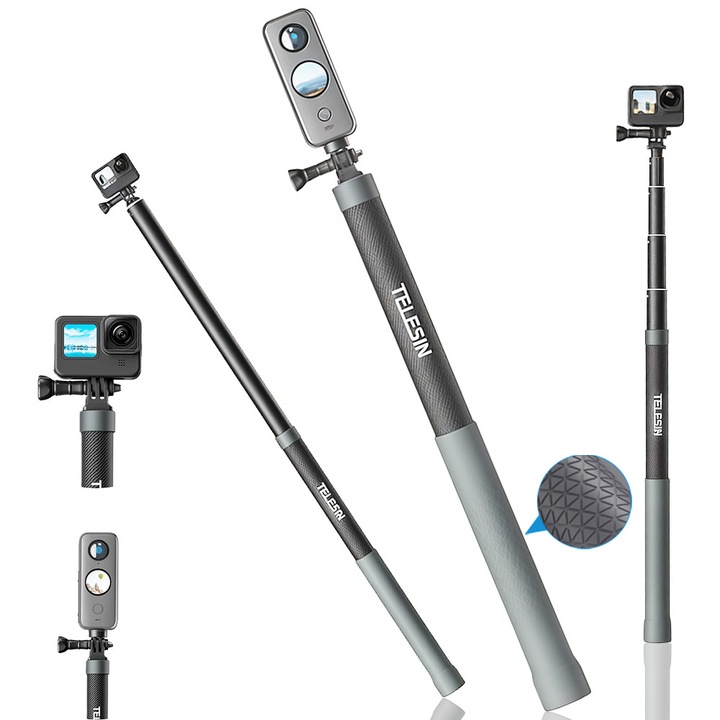 Стик за селфи Excitat®, разтегателен 31,4-120 см, карбонови влакна, водоустойчив, съвместим с GoPro и Insta360