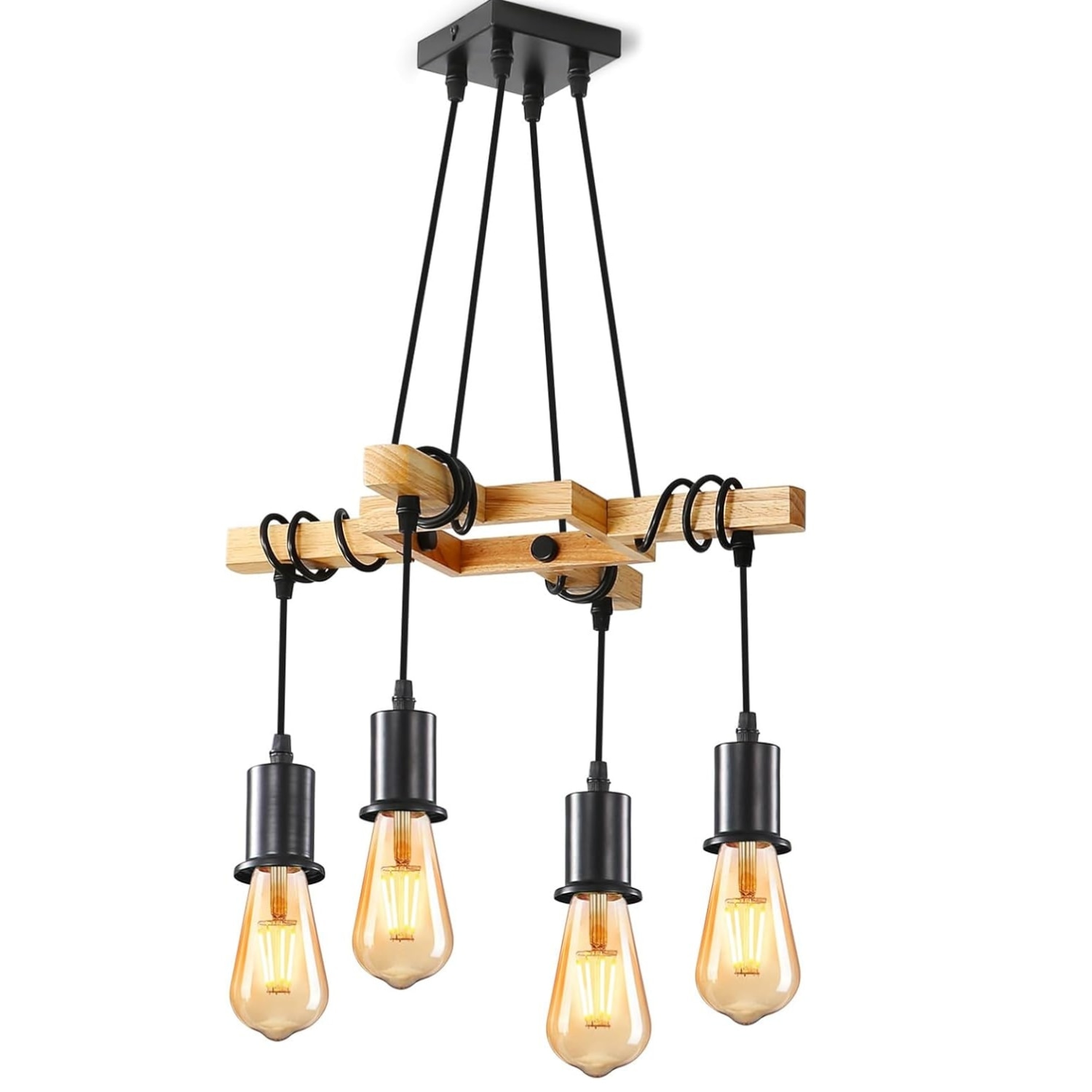 Lustra suspendata MACVI vintage, lemn natural si metal negru mat, 4 brate reglabile, 115x41, 5cm