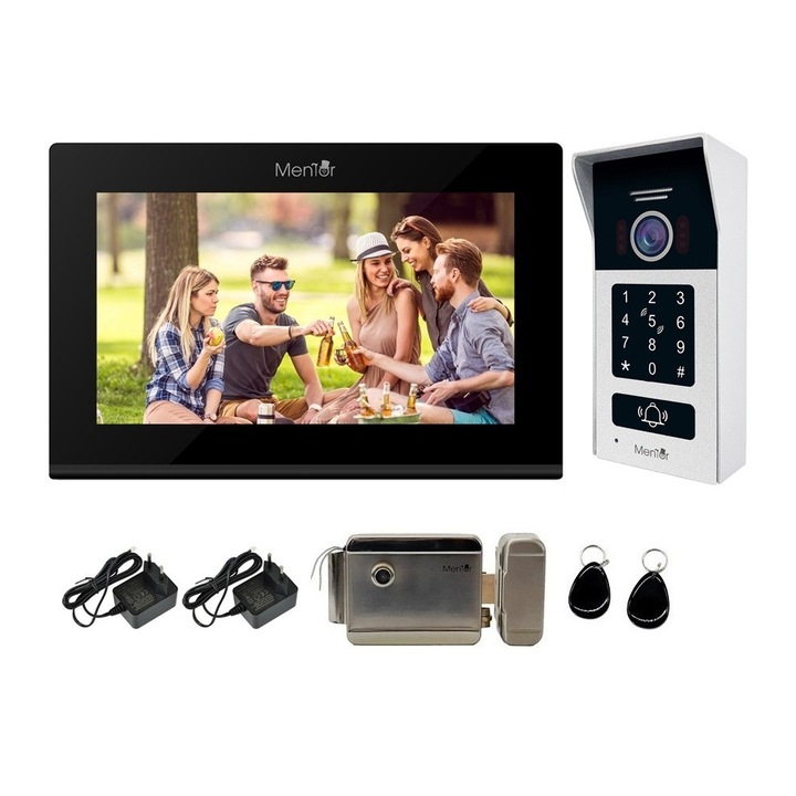 Kit VideoInterfon WiFi 1 familie Mentor SYKT071B 5in1 cu aplicatie, parola / pin / cifru, buton, tag si cheie, cu Monitor color de 7 inch, Panou exterior FHD 2MP IP65, Yala electromagnetica, sistem pe 2 fire