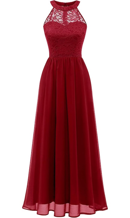 Дълга рокля Wedtrend, размер L, дантела и шифон, цвят тъмночервен
