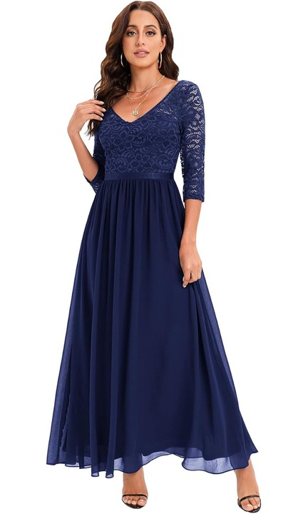 Rochie lunga DRESSTELLS, marimea XL, decolteu in V, dantela si sifon, bleumarin