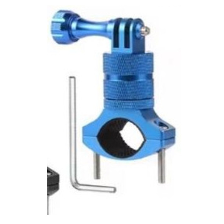 Kormány/kerékpár tartó, 360 fokos elforgatás, 15-35 mm átmérő tartomány, Kulccsal, Kompatibilis GoPro Hero 7/6/5/4/3, Alumíniumötvözet, Kék