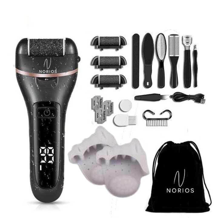 Pila Electrica Calcaie si Talpi Profesionala NORIOS™, 18 Accesorii Cadou + Corector Ortopedic din Silicon pentru Degete si Talpi, Elimina Pielea Moarta si Bataturile, 3 Role Quartz Abrazive, Display Digital LED, Acumulator 1200mAh, USB, IPX7
