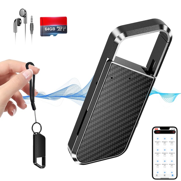 Mini Reportofon Breloc Spion, SHIJOOE®, 64GB, Autonomie 13 ore，Inregistrare HD，Activare Vocala，Reducere Zgomot, Functie MP3，Salvare Automata，Un Singur Buton，peste 720 de ore de stocare, OTG, Profesional, Ultra Discret，Metalica，casti incluse
