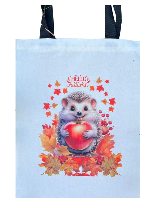 Vászon táska cipzárral, fekete fogantyúval, sündisznó és alma