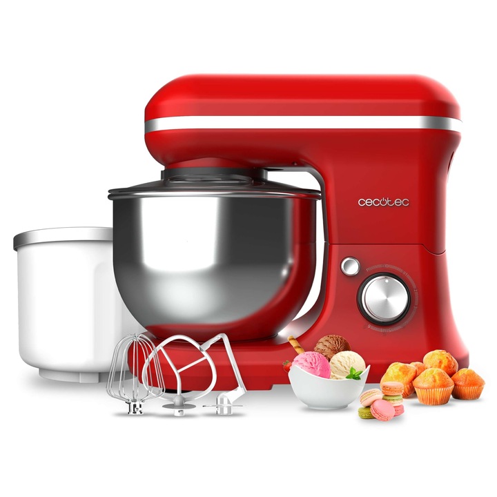 Keverő CECOTEC Cecomixer Merengue 5L 1200W, rozsdamentes acél tál, piros, fagylalt funkció