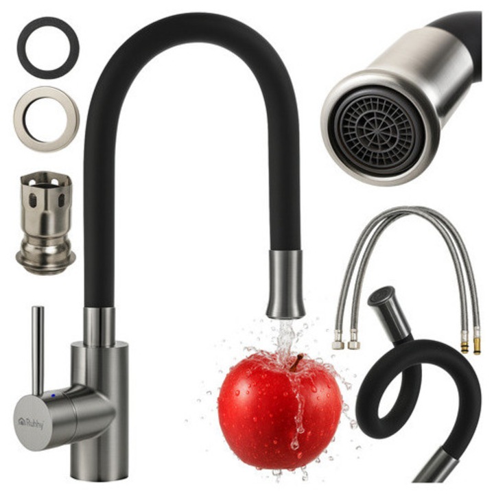 Кухненски смесител RUHHY, гъвкав чучур на 360°, аератор за пестене на вода, превключвател за дебит, 55,5 см, силикон + неръждаема стомана, черен/сребрист