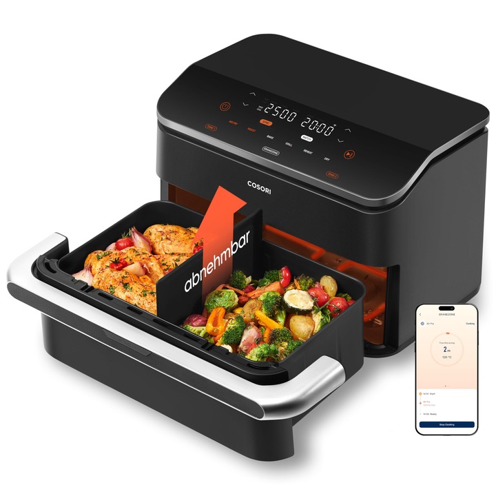 Фритюрник с горещ въздух Cosori Dual Blaze Twinfry 10L, 2 камери, 4 нагревателни тръби, черен