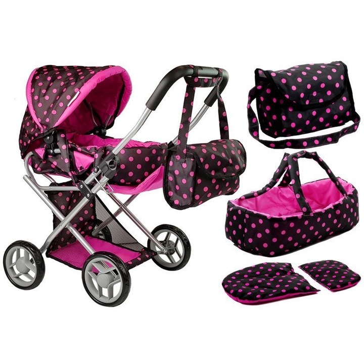 Set Carucior de papusi pentru copii Alice pink/black, dimensiune 60 x 36 x 68 cm, pliabil, cu salteluta, landou si gentuta de transport inclusa