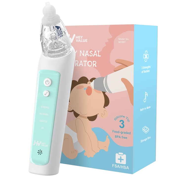 Aspirator nazal electric pentru bebelusi HeyValue, 3 nivele de aspirare, functie muzicala, 3 varfuri din silicon, reincarcabil