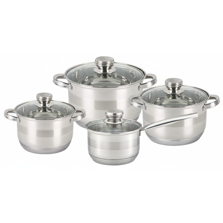Bohmann lábas szett, 8 részes, rozsdamentes acél, üveg fedőkkel, méretek: 1,9 L, 2,6 L, 3,6 L, 5,5, L