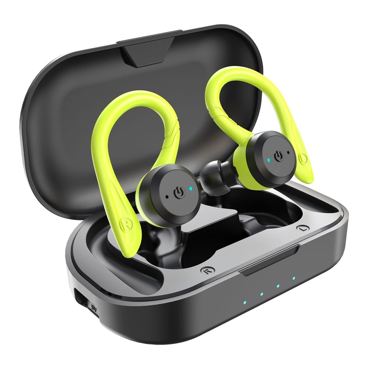 Casti Sport Wireless Apekx 5.0, Rezistente La Apa Ipx7, Sunet Stereo, Microfon Incorporat Cu Carcasa De Incarcare Magnetica Portabila, Apeluri Hands-Free Pentru Ios, Android (Verde)