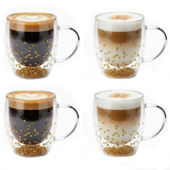 Set 4 cani pentru Ceai si Cafea din Sticla Termorezistenta Aurov®, cu Cristale Aurii, Pereti dubli, 350 ml, Transparenta
