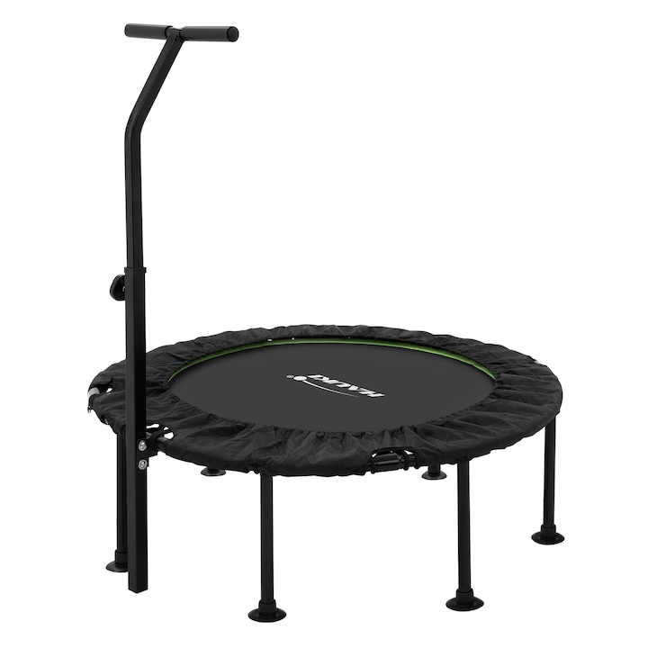 Trambulina fitness Hauki 102 cm verde-negru, de interior, maner reglabil pe inailtime, structura din metal, capacitate de 150kg, mini-trambulina silentioasa, rebounder pentru exercitii fizice acasa