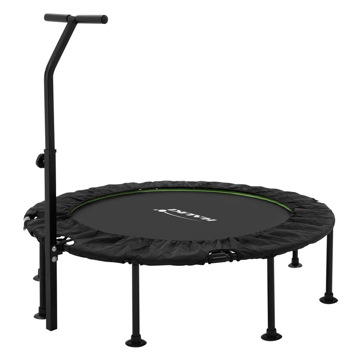 Trambulina fitness Hauki 122cm verde-negru, de interior, maner reglabil pe inailtime, structura din metal, capacitate de 150kg, mini-trambulina silentioasa, rebounder pentru exercitii fizice acasa