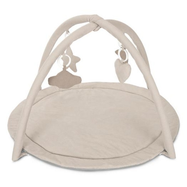 Saltea de activitati pentru bebelusi, Lorelli, Moments, jucarii textile detasabile, cu sunet si zornaitoare, 83x83 cm, 0 luni+, Beige