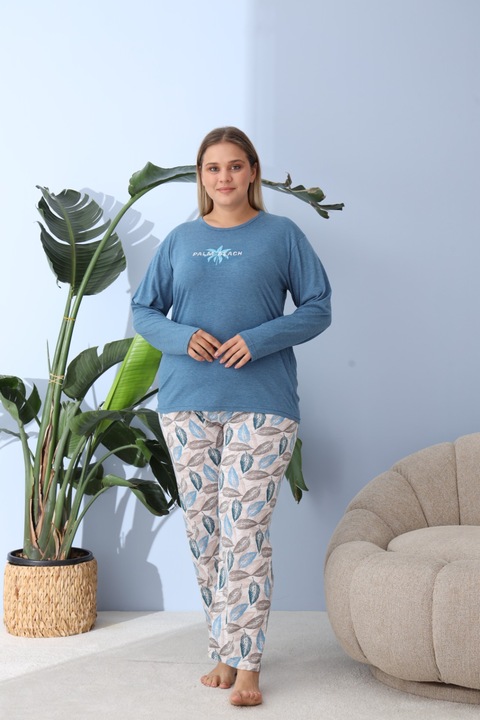 Pijama dama Big Size cu „PLAM BEACH”, pantaloni si maneca lunga, albastru 5XL, 100% bumbac