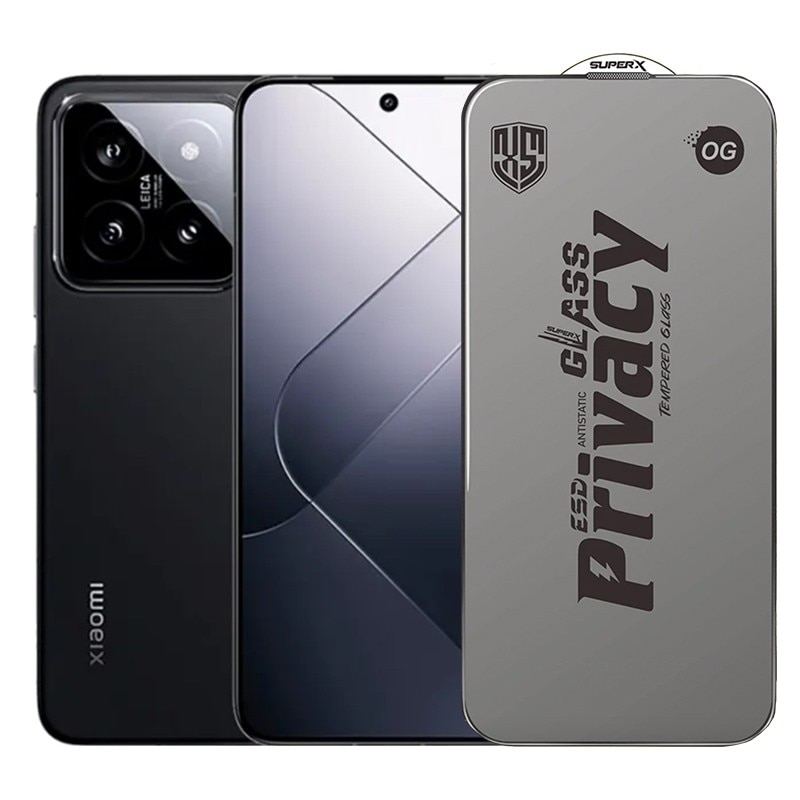 Folie de Protectie pentru Xiaomi 14, Flippy, Sticla Securizata ESD Antistatica, Super-X Privacy OG, Margini Negre, 0.30 mm, Transparent Inchis