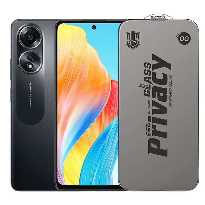 Folie de Protectie pentru Oppo A58, Leski, Sticla Securizata ESD Antistatica, Super-X Privacy OG, Margini Negre, 0.30 mm, Transparent Inchis