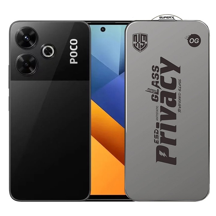 Folie de Protectie pentru Xiaomi Poco M6, Flippy, Sticla Securizata ESD Antistatica, Super-X Privacy OG, Margini Negre, 0.30 mm, Transparent Inchis