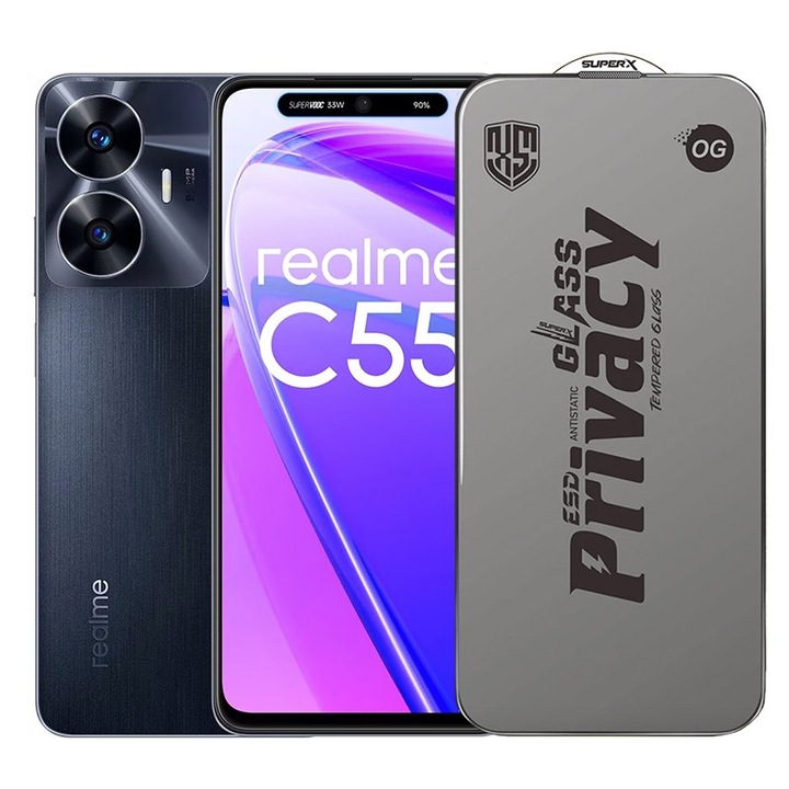 Folie de Protectie pentru Realme C55, Flippy, Sticla Securizata ESD Antistatica, Super-X Privacy OG, Margini Negre, 0.30 mm, Transparent Inchis