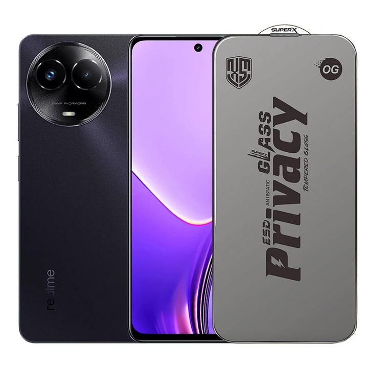 Folie ecran pentru Realme 11x, Sticla Securizata ESD Antistatica, Super-X Privacy OG, Margini