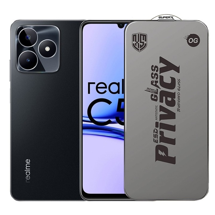 Folie ecran pentru Realme C53, Sticla Securizata ESD Antistatica, Super-X Privacy OG, Margini