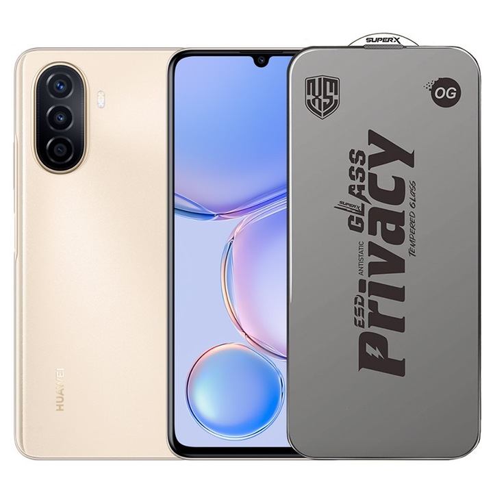 Folie de Protectie pentru Huawei Nova Y71, Flippy, Sticla Securizata ESD Antistatica, Super-X Privacy OG, Margini Negre, 0.30 mm, Transparent Inchis