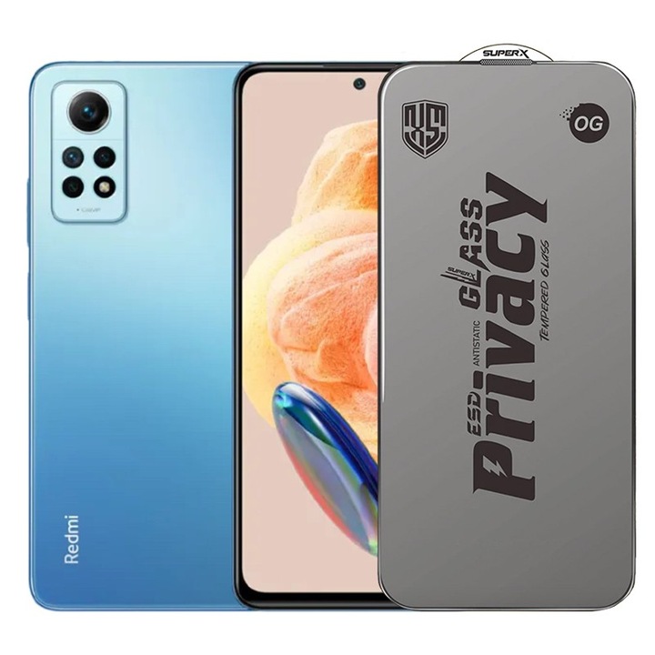 Folie de Protectie pentru Xiaomi Redmi Note 12 Pro, Flippy, Sticla Securizata ESD Antistatica, Super-X Privacy OG, Margini Negre, 0.30 mm, Transparent Inchis