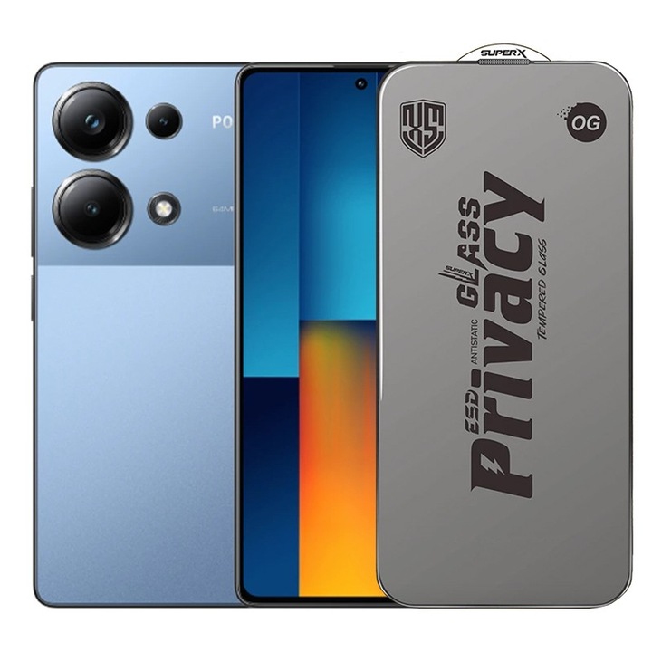 Folie de Protectie pentru Xiaomi Poco M6 Pro, Cyrax, Sticla Securizata ESD Antistatica, Super-X Privacy OG, Margini Negre, 0.30 mm, Transparent Inchis