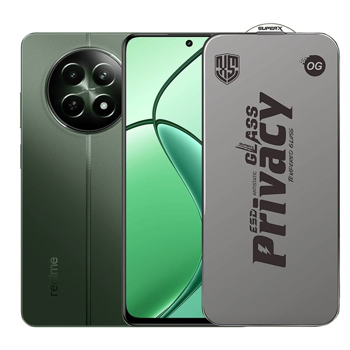 Защитно фолио за Realme 12, Flippy, Закалено стъкло ESD антистатично, Super-X Privacy OG, Черни ръбове, 0.30 мм, Тъмно прозрачно