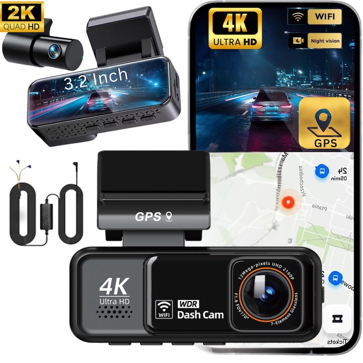Camera Auto DVR Duala LEDASSE 4K Ultra HD, GPS, WiFi, Sistem Avansat Asistenta Sofer-ADAS, Detectie Unghi Mort-BSD, Vedere Nocturna, G-Senzor, Monitorizare Parcare, Inregistrate Time-Lapse