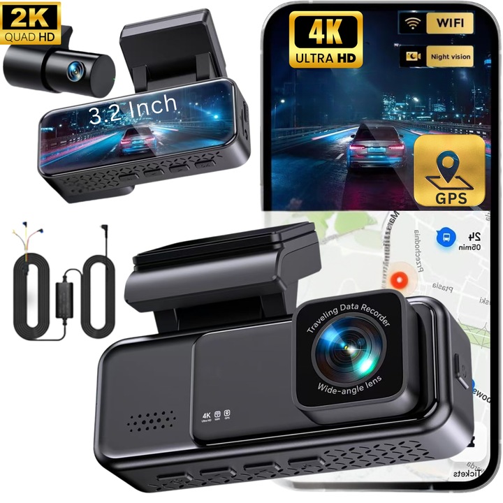 Camera Auto DVR Duala LEDASSE 4K Ultra HD, GPS, WiFi, Sistem Avansat Asistenta Sofer-ADAS, Detectie Unghi Mort-BSD, Vedere Nocturna, G-Senzor, Monitorizare Parcare, Inregistrate Time-Lapse