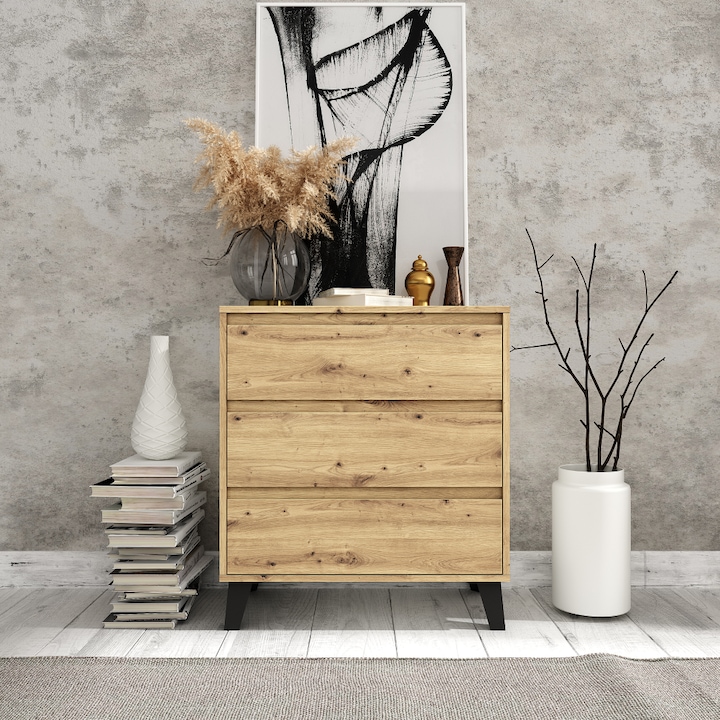 Comoda, din PAL laminat, culoare stejar artisan, cu 3 sertare, design modern, 70x38, 8x78, 4 cm