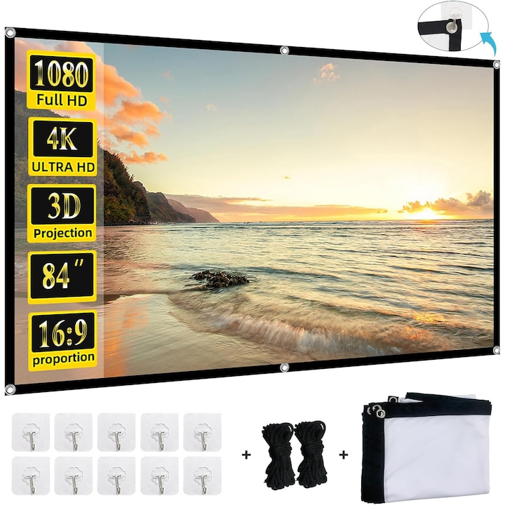 Ecran de proiectie, 4K Ultra HD, 16:9 textil, 159 * 90 CM, 72 inch, Proiectie fata-verso antirid, portabil, Fixare perete, Pentru videoproiector