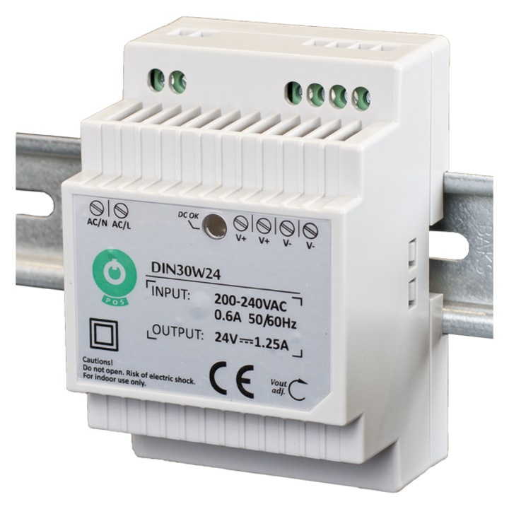 SURSA DE ALIMENTARE POS 30W 24V 1.25A pentru montaj pe sina DIN, 62.5x93x56mm