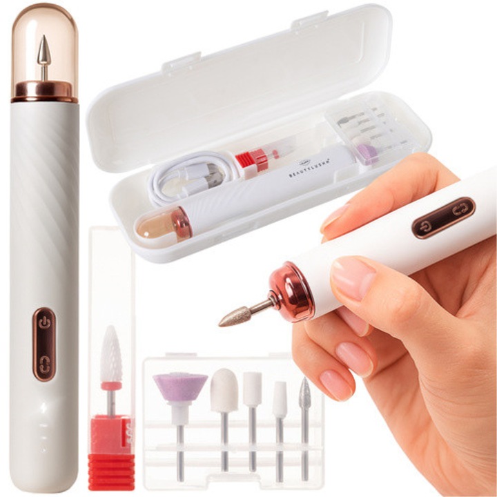 Beautylushh elektromos körömreszelő, 6 fejes készlet, fehér +rosearany, 15x2,3cm